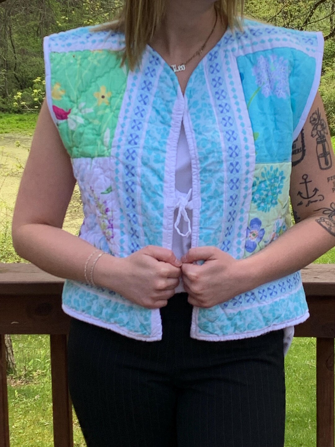 Abstract Blue Quilted Zip Vest