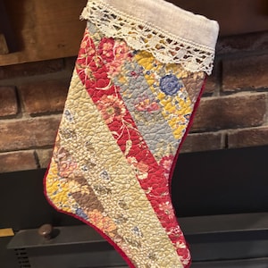 Handmade Vintage Patchwork Christmas Stocking Primitive Folkart, Country Cottage, Farmhouse, Granny Chic, Holiday, Whimsy