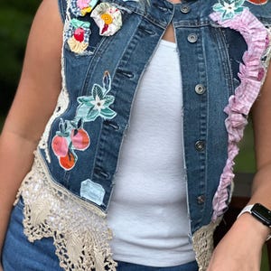 Upcycled Denim Vest, BOHO, Hippie Vest, Fringe Vest, Lace Vest, Steam Punk, Shabby Chic, Festival Clothing