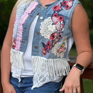 Upcycled Denim Vest, BOHO, Hippie Vest, Fringe Vest, Princess Cat, Lace Vest, Steam Punk, Shabby Chic, Festival Clothing