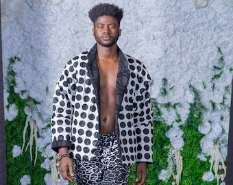 Men's black and African white polka dot jacket, Ray Vincente