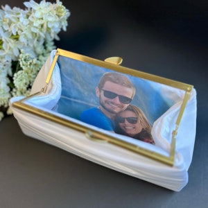 Personalized Satin Wedding Clutch, Bridal Purse With Photo Lining And Monogram, Various More Colors, MALDIVES