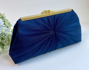 Navy Blue Satin and Tulle Wedding Clutch, Personalized Bridesmaid’s Clutch, More Colors Available