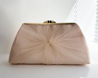 Personalized Satin and Tulle Wedding Clutch, Champagne Bridal Purse, More Colors and Personalization Available