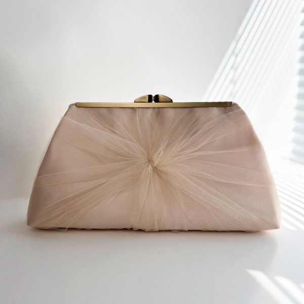 Personalized Satin and Tulle Wedding Clutch, Champagne Bridal Purse, More Colors and Personalization Available