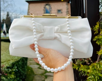 Satin Bow Bridal Clutch with Strap, Formal Evening Purse, More Colors and Personalization Available