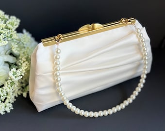 Pleated Satin Wedding Clutch Purse with Strap, Champagne Evening Bag, More Colors and Personalization Available