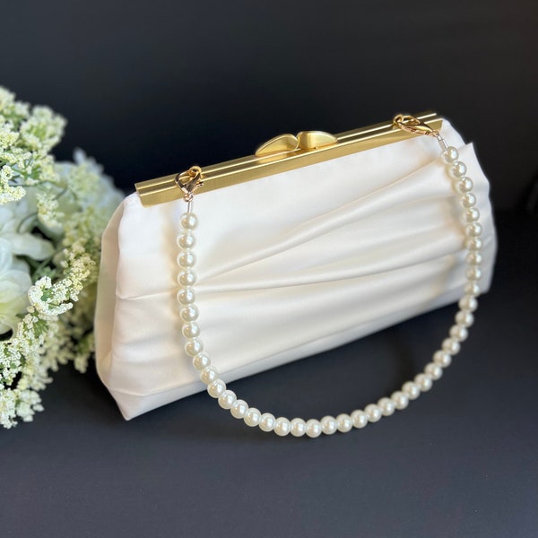 Pleated Satin Wedding Clutch Purse with Strap, Champagne Evening Bag, More Colors and Personalization Available