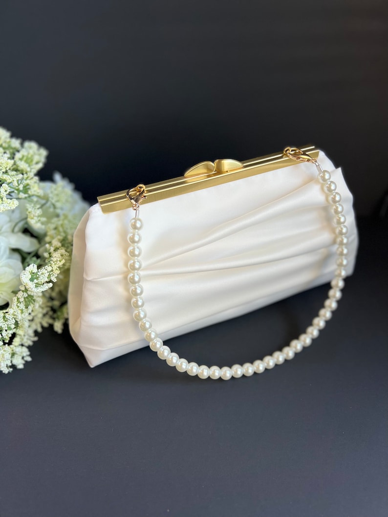 Pleated Satin Wedding Clutch Purse with Strap, Champagne Evening Bag, More Colors and Personalization Available image 1