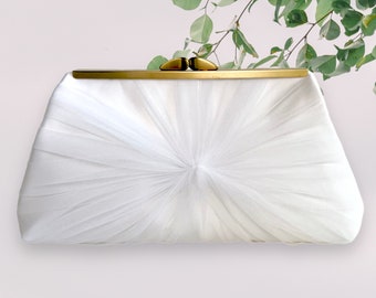 White Satin and Tulle Bridal Clutch, More Colors and Personalization Available