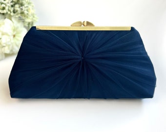 Navy Blue Satin and Tulle Wedding Clutch, Personalized Bridesmaid’s Clutch, More Colors Available