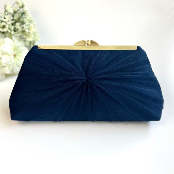 Navy Blue Satin and Tulle Wedding Clutch, Personalized Bridesmaid’s Clutch, More Colors Available