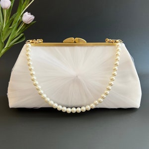 Ivory Satin and Tulle Wedding Clutch Purse with Strap, Formal Evening Purse, More Colors and Personalization Available