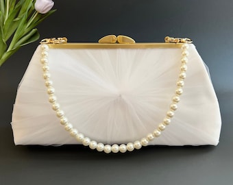 Personalized Ivory Satin Tulle Wedding Clutch with Pearl Strap