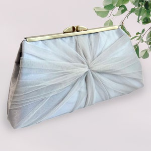 Ivory Satin and Tulle Bridal Clutch, Personalization Options Silver