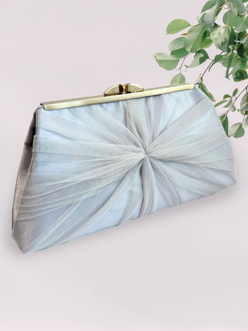 Ivory Satin and Tulle Bridal Clutch, Personalization Options Silver