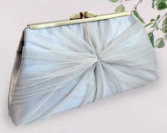 Silver Satin and Tulle Bridal Clutch, Personalization Option, More Colors Available