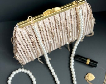 Pochette en sequins dorés avec bracelet en perles, sac à main pour les mariages, cocktail de gala ou pochette en soirée, personnalisation disponible