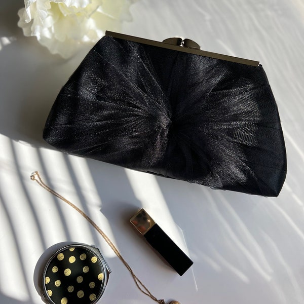 Black Satin and Tulle Wedding Clutch Purse, More Colors And Personalization Options