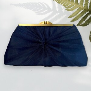 Ivory Satin and Tulle Bridal Clutch, Personalization Options Navy