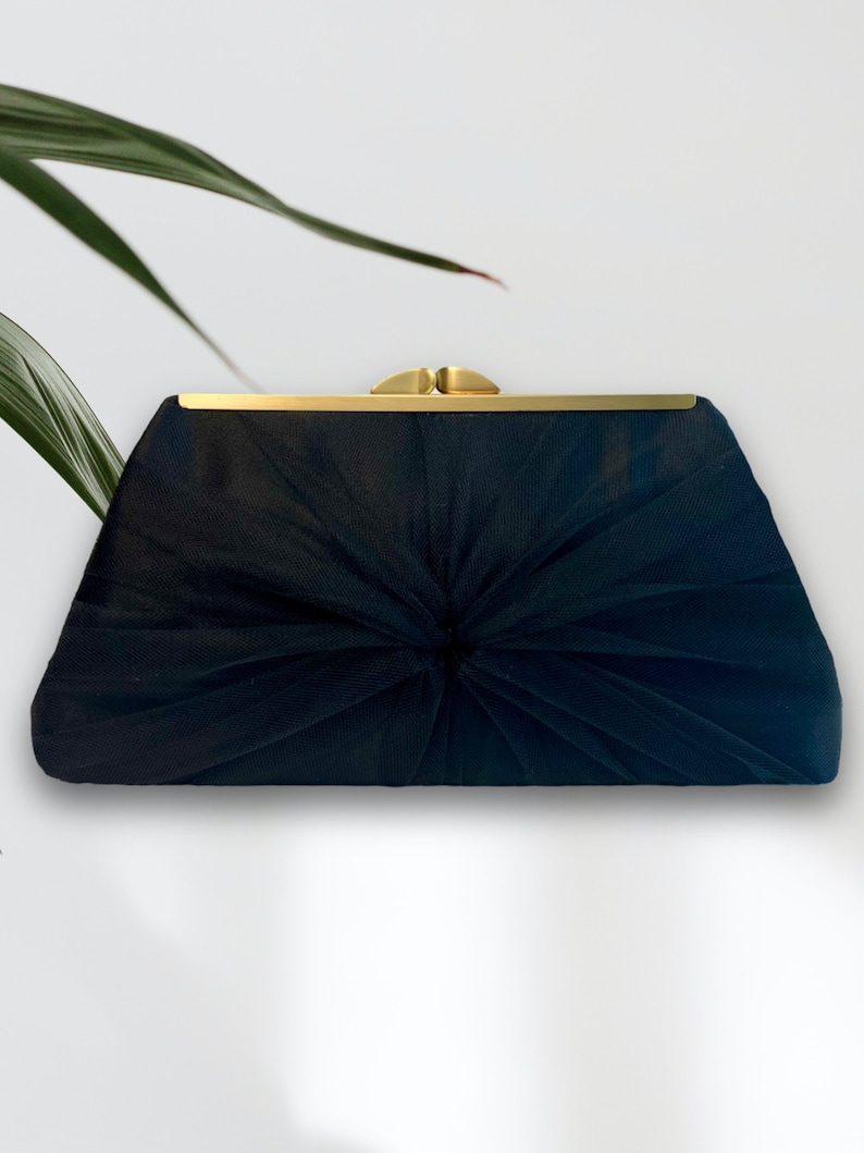 Ivory Satin and Tulle Bridal Clutch, Personalization Options Black