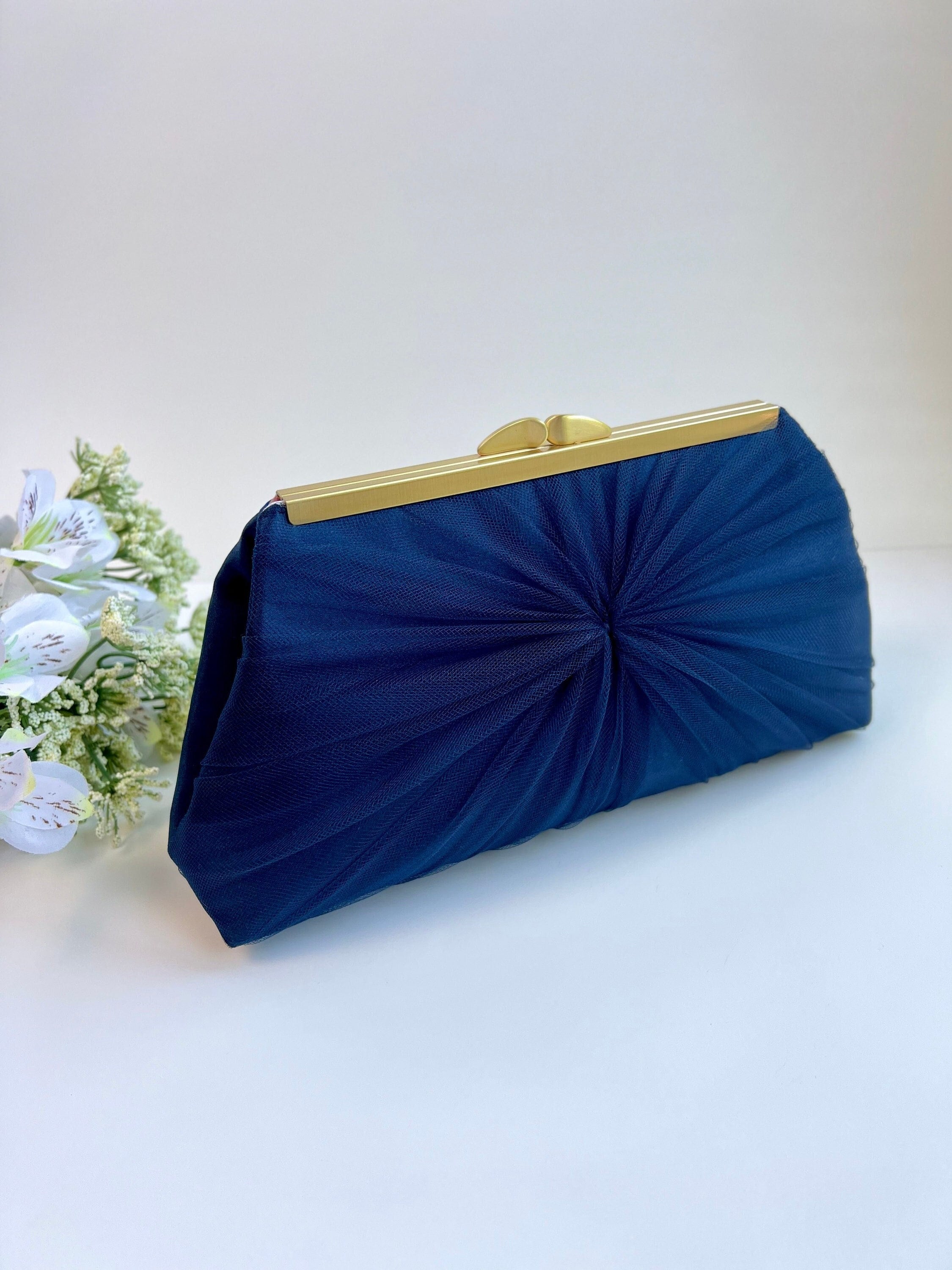 Navy Blue Satin and Tulle Wedding Clutch Personalized Bridesmaid s Clutch More Colors Available