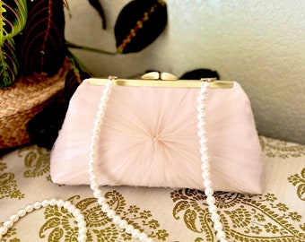 Tulle Satin Wedding Clutch Purse with Long Pearl Strap, Gift For Bride Or Bridesmaid More Colors and Personalization Available