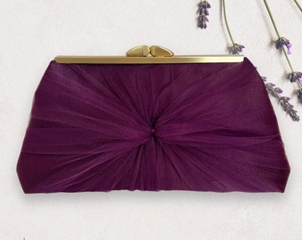 Eggplant Satin and Tulle Bridal Clutch, Personalization Options