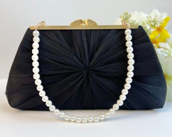 Satin Tulle Wedding Clutch: Black Evening Bag with Pearl Strap