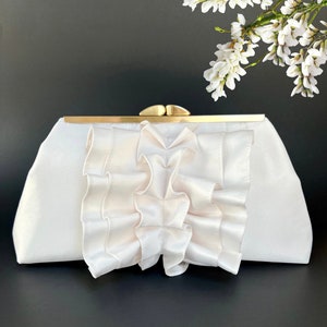 Ruffle Bridal Clutch | Personalized Satin Purse With Photo Lining And Inscription For Wedding in Various Colors
