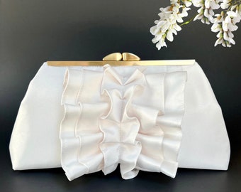 Ruffle Bridal Clutch | Personalized Satin Purse With Photo Lining And Inscription For Wedding in Various Colors