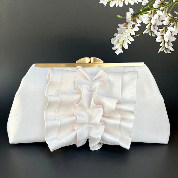 Ruffle Bridal Clutch | Personalized Satin Purse With Photo Lining And Inscription For Wedding in Various Colors