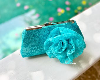 Blue Lace Rosette Bridal Clutch: Personalized Wedding Party Purse
