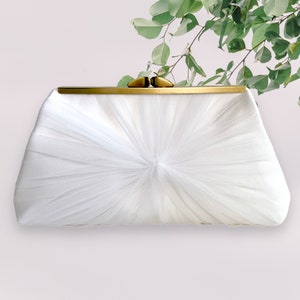 Ivory Satin and Tulle Bridal Clutch, Personalization Options White