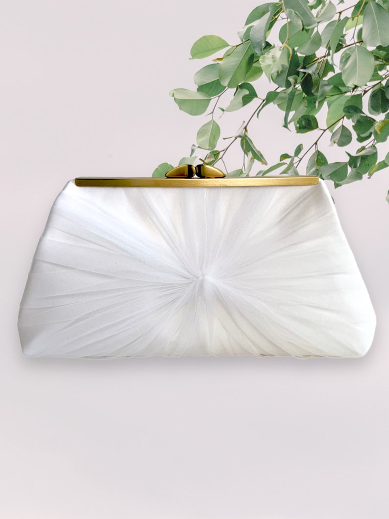 Ivory Satin and Tulle Bridal Clutch, Personalization Options White