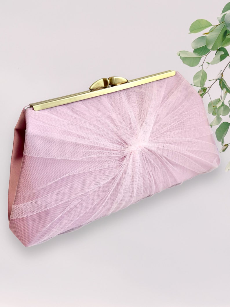 Ivory Satin and Tulle Bridal Clutch, Personalization Options Dusty Pink