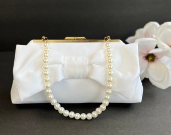White Bow Wedding Clutch: Satin Bridal Purse with Pearl Strap