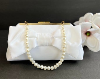 White Bow Wedding Clutch with Pearl Strap, Satin Bridal Purse, More Colors and Personalization Available