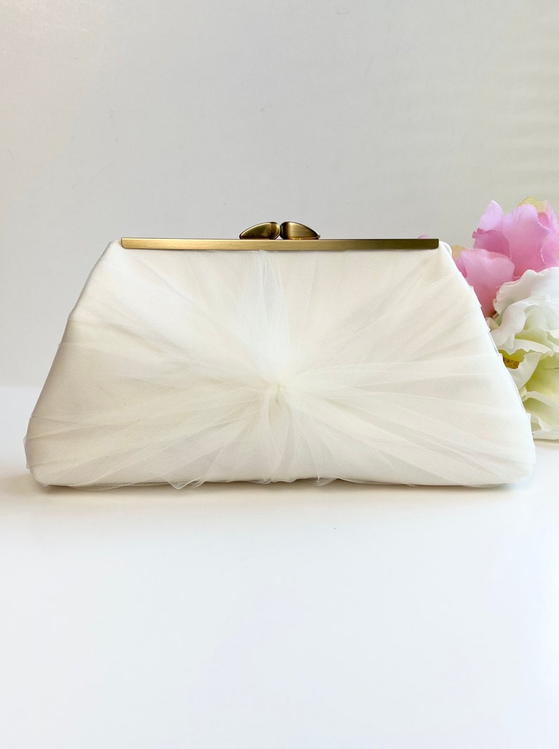 Ivory Satin and Tulle Bridal Clutch, Personalization Options image 1