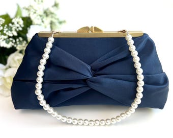 Knotted Satin Wedding Clutch: Navy Evening Bag with Pearl Strap