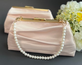 Pleated Satin Wedding Clutch Purse with Strap, Champagne Evening Bag, More Colors and Personalization Available