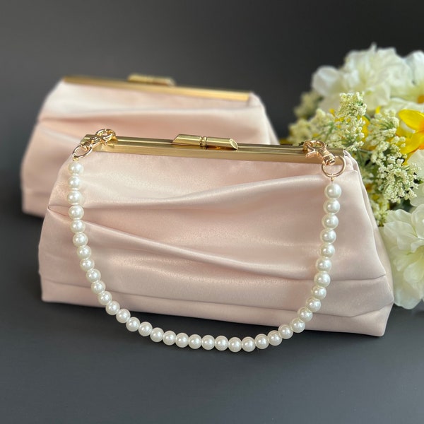 Pleated Satin Wedding Clutch Purse with Strap, Champagne Evening Bag, More Colors and Personalization Available