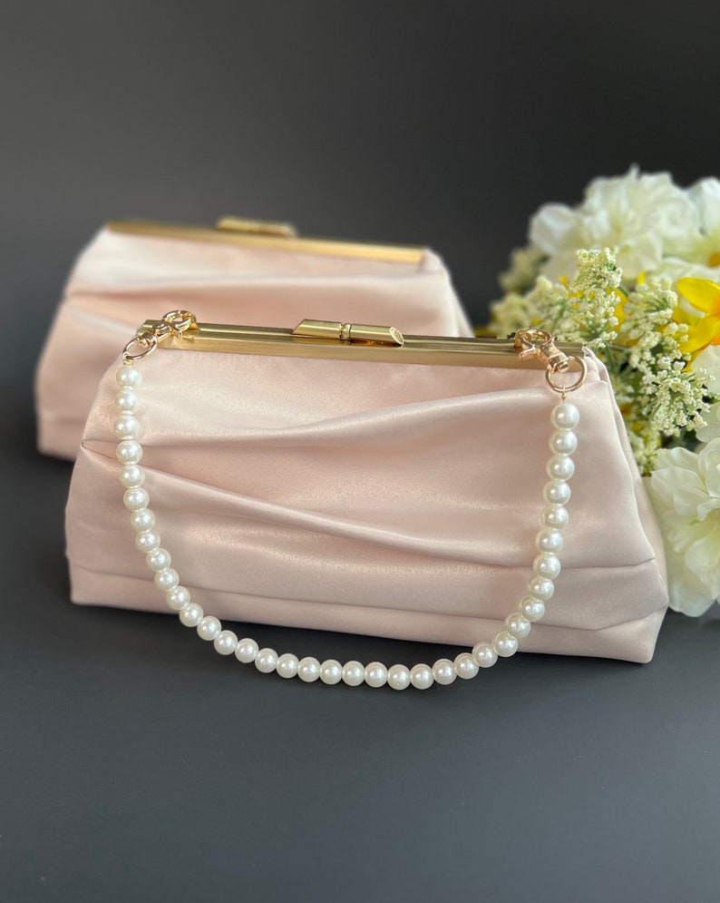 Pleated Satin Wedding Clutch Purse with Strap, Champagne Evening Bag, More Colors and Personalization Available image 2