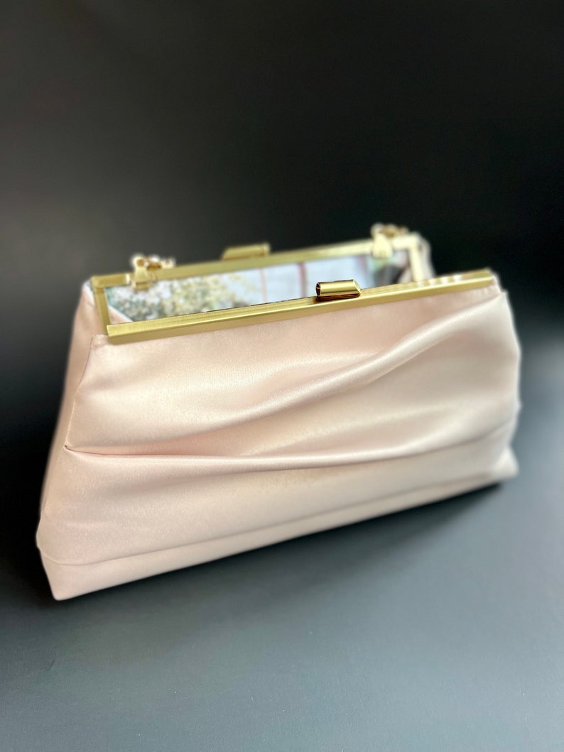Pleated Satin Wedding Clutch Purse with Strap, Champagne Evening Bag, More Colors and Personalization Available image 3