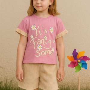 Girls Pink Beige Daisy Summer Set – &quot;It&#39;s Fancy Some&quot; Cotton Outfit – Toddler Girl 2-Piece Loungewear