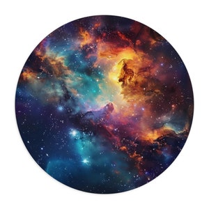 May include: A vibrant nebula with swirling clouds of red, orange, blue, and purple. The nebula is filled with stars of various sizes and colors, creating a stunning cosmic landscape.