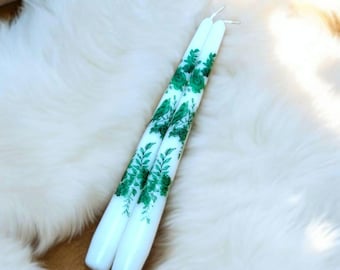 Green Botanical Taper Candles: Set of 2, Tile Art Dinner Candles