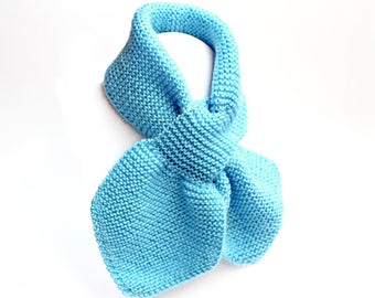 Toddler Knit Scarf. Kids Blue Pull Thru Neck Wrap. Boy Keyhole Muffler 2 to 4 Years. Child's Winter Neck Warmer. Bow Tie Loop Ascot