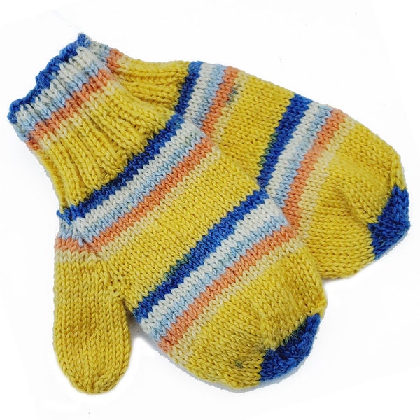 Yellow and Blue Stripe Toddler Mittens With Thumb, 9 to 12 Months