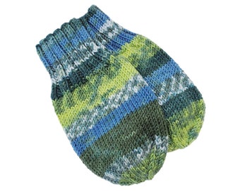 Wool-Free Blue and Green Baby Mittens, 9 to 12 Months